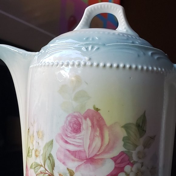 ANTIQUE GERMAN PORCELAIN CERAMIC PINK ROSES CHOCOLATE COFFEE TEA POT - Picture 5 of 14